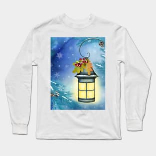 Vintage streetlight on winter background. Watercolor winter holidays illustration. Magic scenery print Long Sleeve T-Shirt